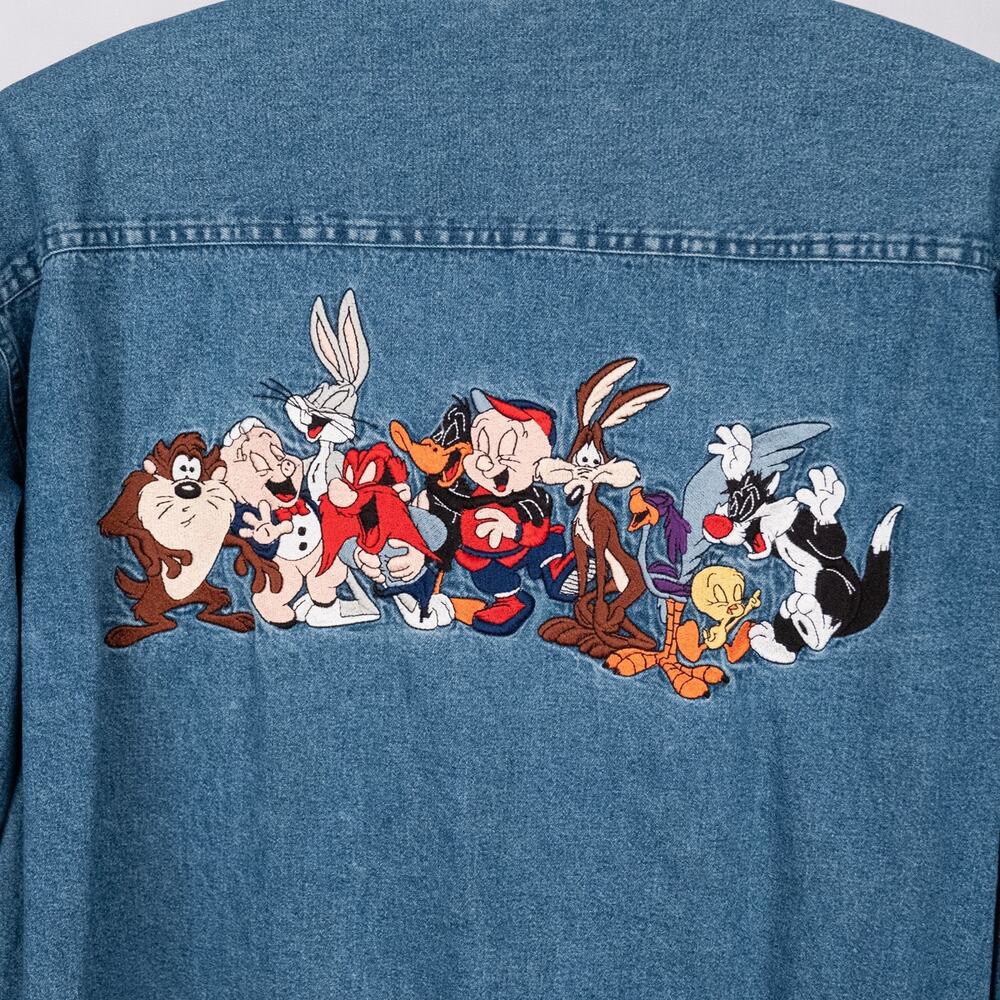 Vintage Warner Bros Studio Store Men's Embroidered Denim Shirt XL Looney Tunes